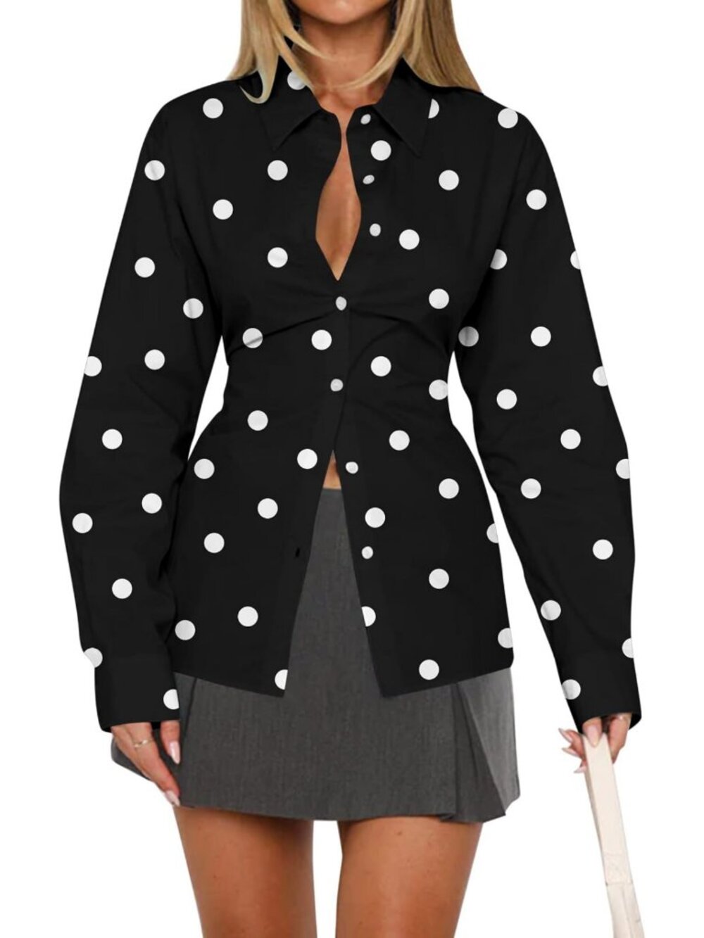 Chic Long Sleeve Button Down Shirt with Tie Back, Cinched Waist & Lapel Collar
